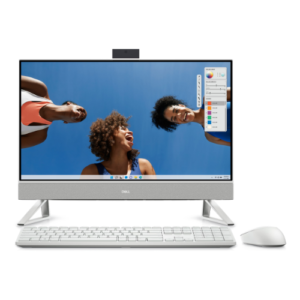 Sleek pearl white Dell 24-inch All-in-One desktop PC with slim bezels, wireless keyboard, and mouse on a modern office desk.