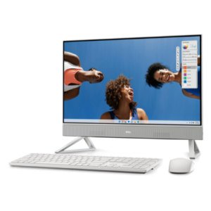 Sleek pearl white Dell 24-inch All-in-One desktop PC with slim bezels, wireless keyboard, and mouse on a modern office desk.