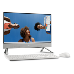 Sleek pearl white Dell 24-inch All-in-One desktop PC with slim bezels, wireless keyboard, and mouse on a modern office desk.