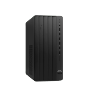 Front view of a slim black HP 280 G9 Pro SFF desktop standing vertically on an office desk, showcasing its compact design and front USB ports.