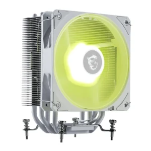 A white single-tower CPU cooler with an RGB fan installed on a motherboard inside a computer case.