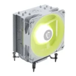 A white single-tower CPU cooler with an RGB fan installed on a motherboard inside a computer case.