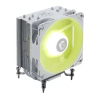 A white single-tower CPU cooler with an RGB fan installed on a motherboard inside a computer case.