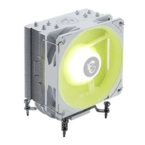 A white single-tower CPU cooler with an RGB fan installed on a motherboard inside a computer case.