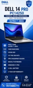 Front view of an open silver Dell Pro laptop displaying a colorful Windows 11 desktop wallpaper against a clean studio background.