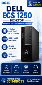 Front view of an open silver Dell Pro Desktop displaying a colorful Windows 11 desktop wallpaper against a clean studio background.