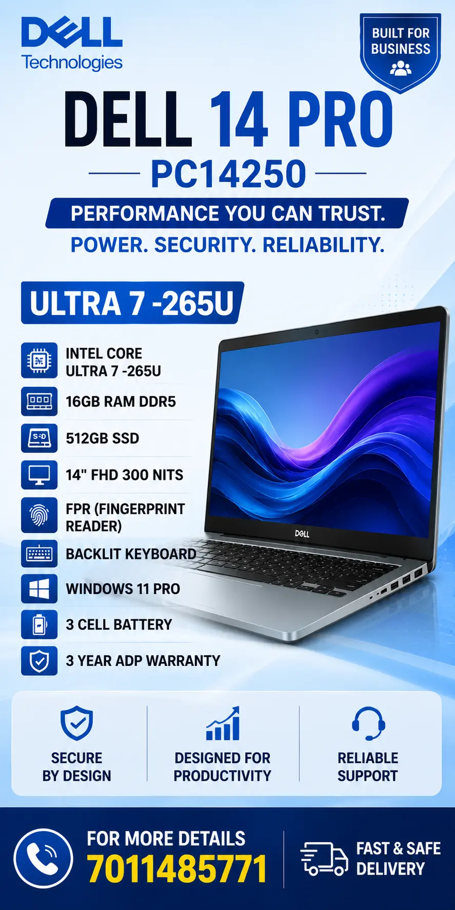 Front view of an open silver Dell Pro laptop displaying a colorful Windows 11 desktop wallpaper against a clean studio background.