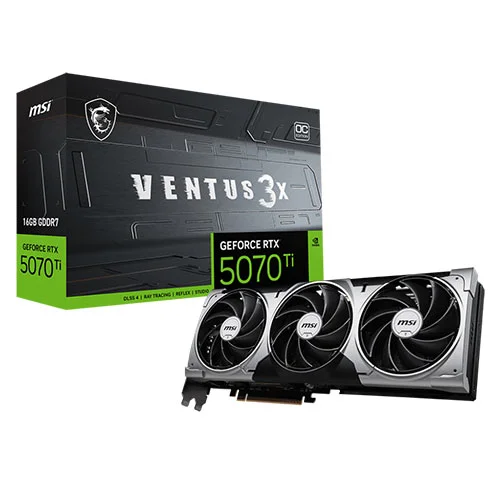 MSI RTX 5070 Ti 3X OC 16GB Ventus GDDR7 graphics card with triple-fan cooling and NVIDIA Blackwell architecture.