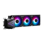 MSI MAG CORELIQUID I360 Black ARGB CPU liquid cooler with 360mm radiator and three RGB fans.