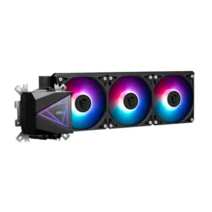 MSI MAG CORELIQUID I360 Black ARGB CPU liquid cooler with 360mm radiator and three RGB fans.