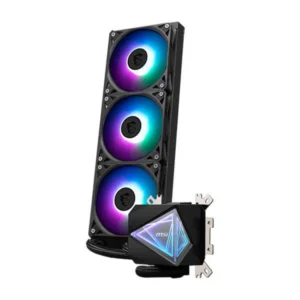 MSI MAG CORELIQUID I360 Black ARGB CPU liquid cooler with 360mm radiator and three RGB fans.