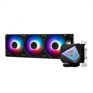 MSI MAG CORELIQUID I360 Black ARGB CPU liquid cooler with 360mm radiator and three RGB fans.