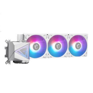 MSI MAG CORELIQUID I360 White ARGB CPU liquid cooler with 360mm radiator and three RGB fans.