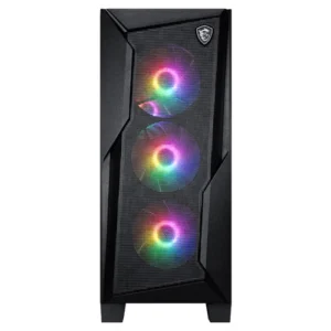 MSI MAG FORGE 130A Airflow Auto RGB Mid Tower Cabinet with mesh front panel, Auto RGB fans, tempered glass side panel, and ATX motherboard support.