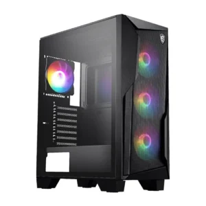 MSI MAG FORGE 130A Airflow Auto RGB Mid Tower Cabinet with mesh front panel, Auto RGB fans, tempered glass side panel, and ATX motherboard support.