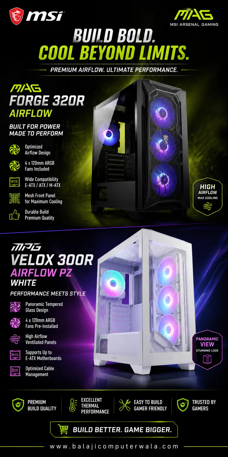 MSI MAG FORGE 320R Airflow and MSI MPG VELOX 300R AIRFLOW PZ WHITE mid-tower gaming PC cabinets with ARGB fans, tempered glass panels, and optimized airflow.
