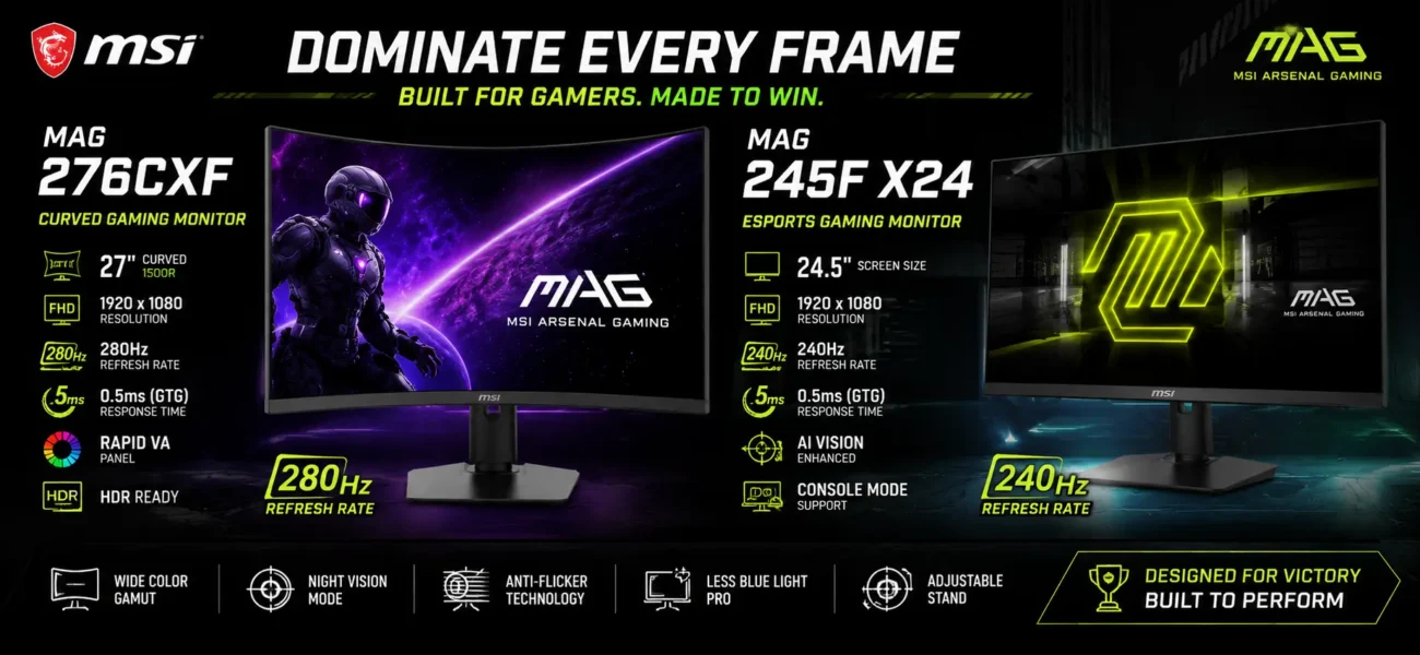 MSI MAG276CXF curved gaming monitor and MSI MAG245F X24 esports gaming monitor with high refresh rates, Full HD display, and AI Vision technology.